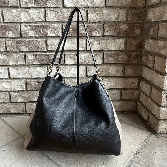 COACH PHOEBE LEATHER & EXOTIC PYTHON EMBOSSED TRIM HOBO SHOULDER BAG BLACK GRAY - Picture 2 of 16